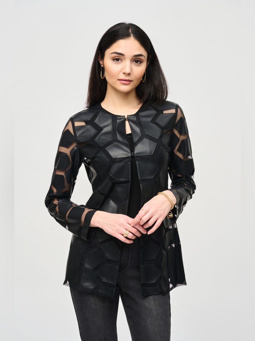Joseph Ribkoff Laser-Cut Leatherette on Mesh Geometric Jacket Black